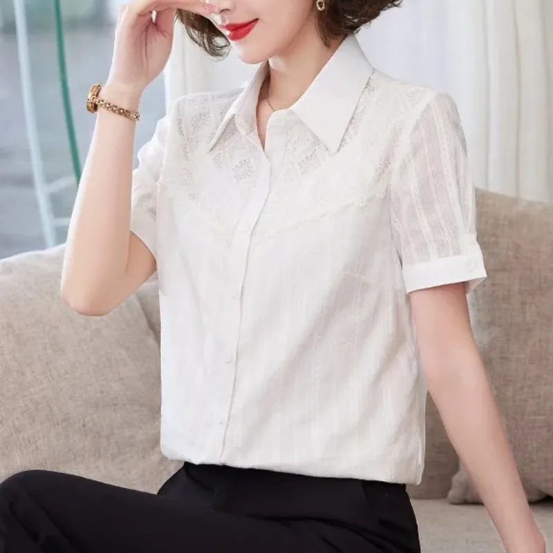 Women's Clothing Lantern Short Sleeve Summer Solid Button Chiffon Lace Patchwork T-shirt Turn-down Collar Office Lady Tops
Women's Clothing Lantern Short Sleeve Summer Solid Button Chiffon Lace Patchwork T-shirt Turn-down Collar Office Lady Tops