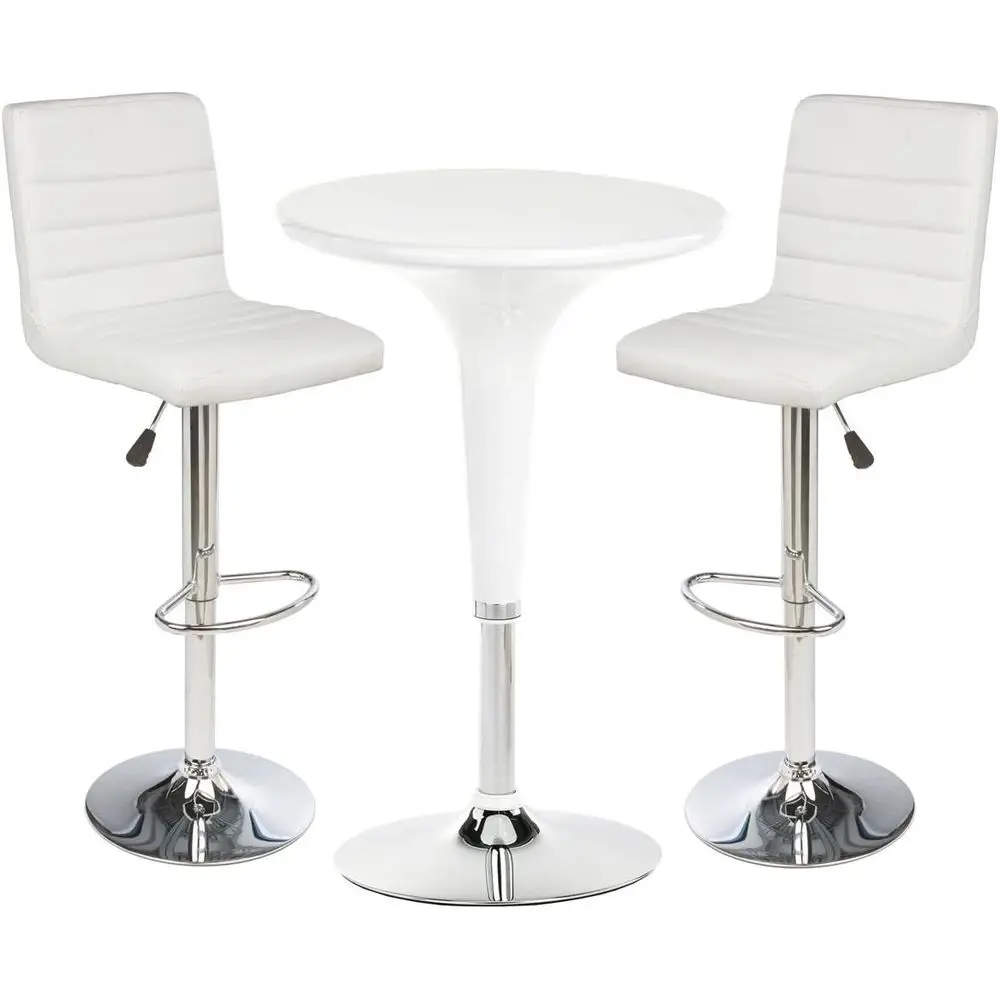 Set of 2 White Leatherette Bar Stools with Round Highboy Table, Chrome Base
Set of 2 White Leatherette Bar Stools with Round Highboy Table, Chrome Base