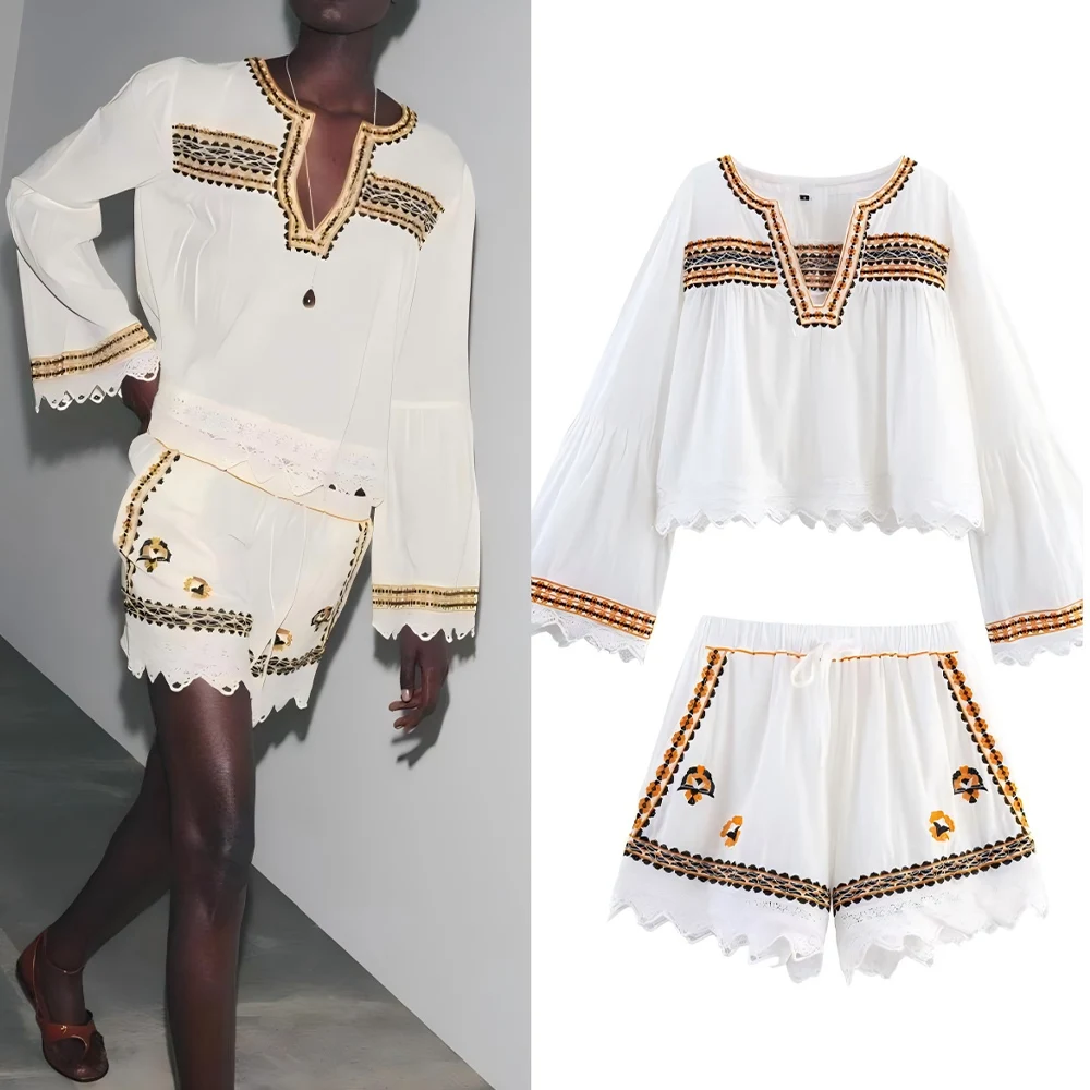 Women's summer fashion lace decoration casual V-neck embroidered shirt retro long sleeved women's shirt chic top+shorts suit
Women's summer fashion lace decoration casual V-neck embroidered shirt retro long sleeved women's shirt chic top+shorts suit