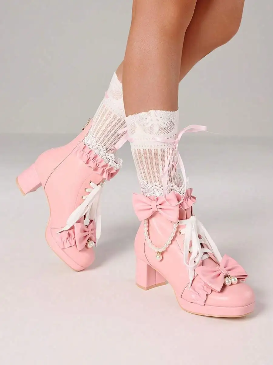 Elegant Pink Ankle Boots With Bow Pearl Decor Lace Trim Platform Chunky Heel Sweet Lolita Style
Elegant Pink Ankle Boots With Bow Pearl Decor Lace Trim Platform Chunky Heel Sweet Lolita Style