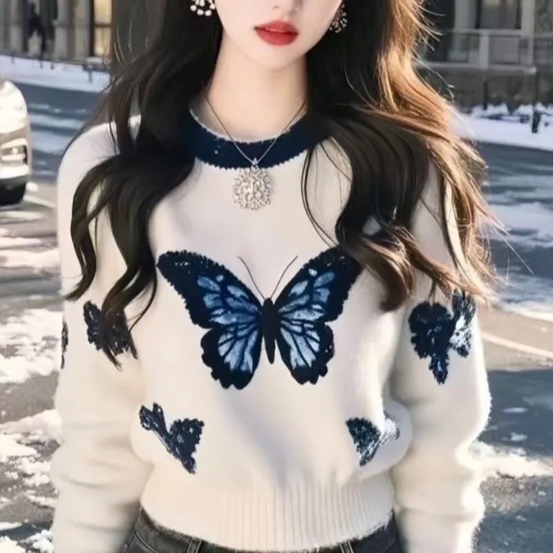 Women Clothing Korean Style White Butterfly Printed Knitted Sweater Winter Chic Sweet Loose Comfortable O-neck Pullovers
Women Clothing Korean Style White Butterfly Printed Knitted Sweater Winter Chic Sweet Loose Comfortable O-neck Pullovers