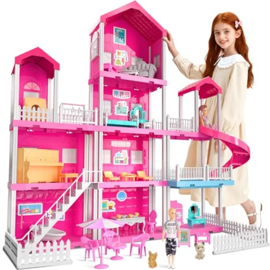 Pink villa playset for indoor pretend play: 4-storey, 10-room house with 2 dolls and furniture accessories; plastic constructio
Pink villa playset for indoor pretend play: 4-storey, 10-room house with 2 dolls and furniture accessories; plastic constructio