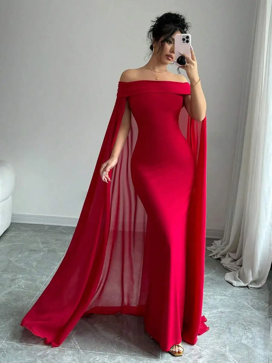 Women's Off-Shoulder Cape Maxi Dress, Fitted Silhouette, Solid Red, Formal Evening Gown
Women's Off-Shoulder Cape Maxi Dress, Fitted Silhouette, Solid Red, Formal Evening Gown