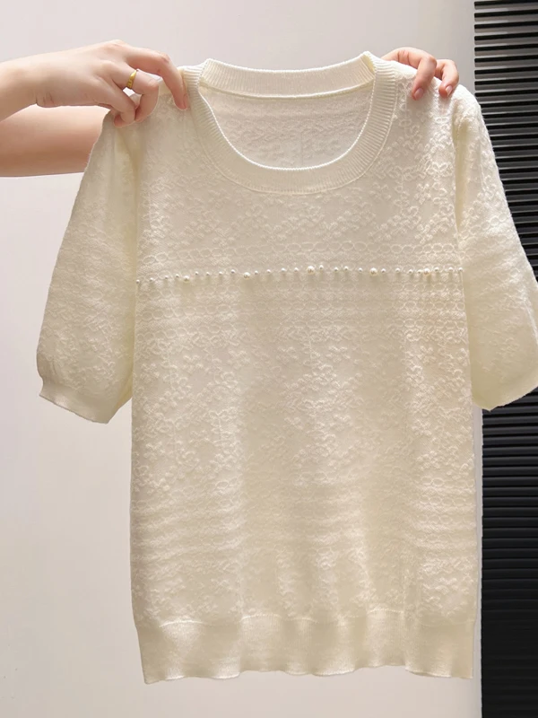 Summer Lace Floral Short Sleeve Ice Silk Knitted Base Shirt plus Size Women's Fashionable T-Shirt round Neck Regular Length
Summer Lace Floral Short Sleeve Ice Silk Knitted Base Shirt plus Size Women's Fashionable T-Shirt round Neck Regular Length