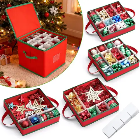 2 Pack Christmas Ornament Storage Box with 128 Compartments, Foldable Decoration Organizer with Adjustable Dividers & Zippered Lid, for Holiday Ornaments, Baubles, Small Decor
