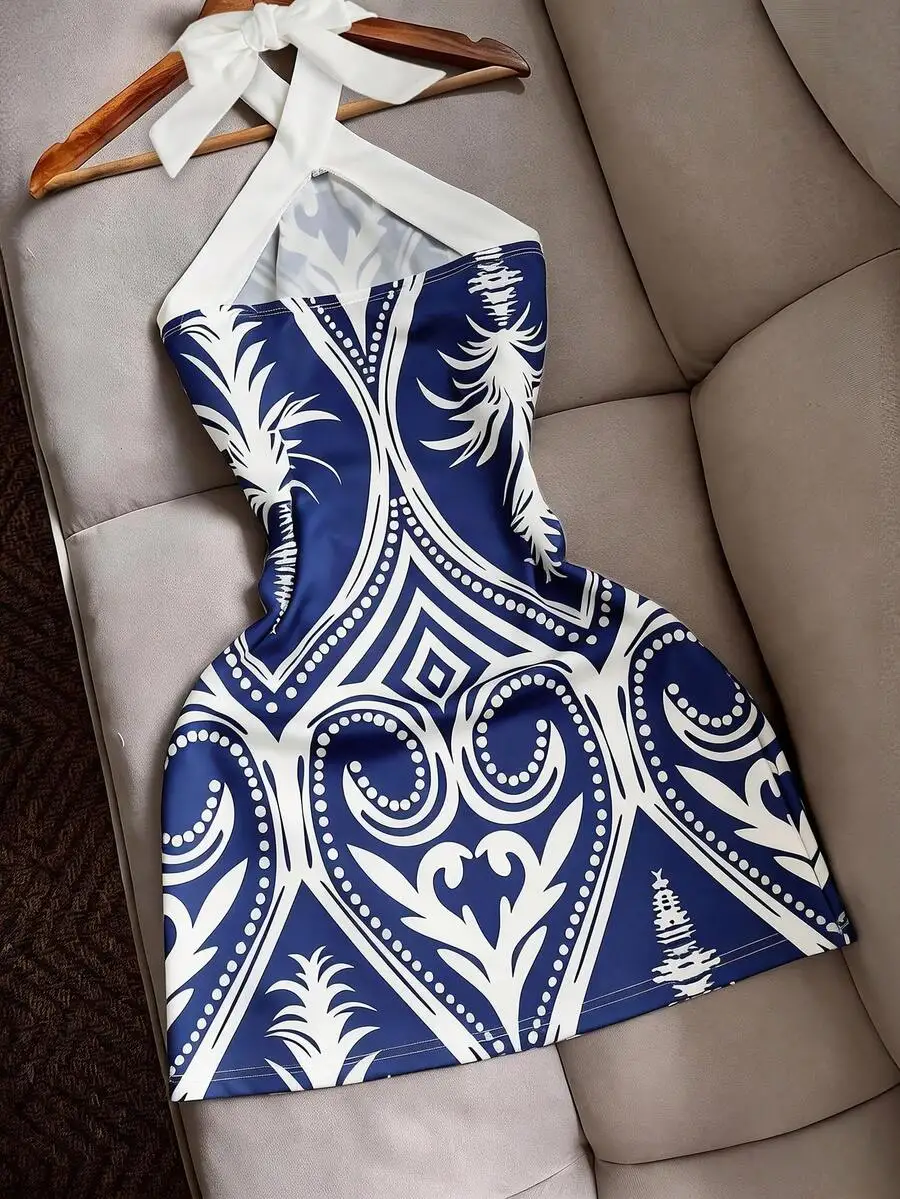 Womens Halter Tie Waist Printed Geometric Pattern Mini Dress Casual Beach Holiday
Womens Halter Tie Waist Printed Geometric Pattern Mini Dress Casual Beach Holiday