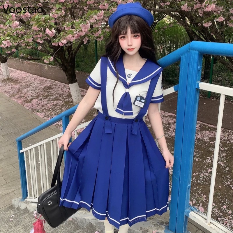 Japanese Kawaii School JK Uniform Sets Women Sweet Cute Sailor Collar Tops Strap Pleated Skirts Y2k Girls Lolita Blue Outfits
Japanese Kawaii School JK Uniform Sets Women Sweet Cute Sailor Collar Tops Strap Pleated Skirts Y2k Girls Lolita Blue Outfits