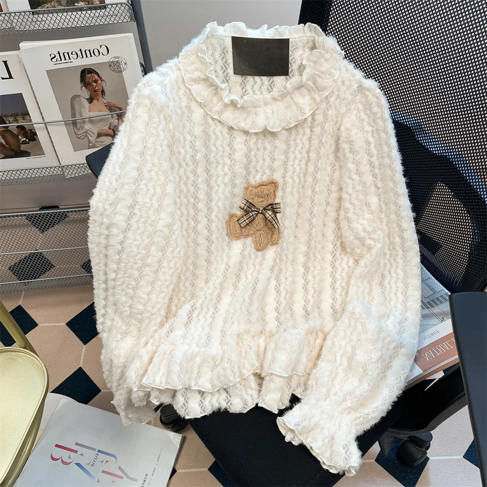 Японский сладкий и милый медведь с кружевным свитером внутри, мягкий осенне-зимний маленький вязаный свитер в студенческом стиле для девочек, женский топ 
Японский сладкий и милый медведь с кружевным свитером внутри, мягкий осенне-зимний маленький вязаный свитер в студенческом стиле для девочек, женский топ