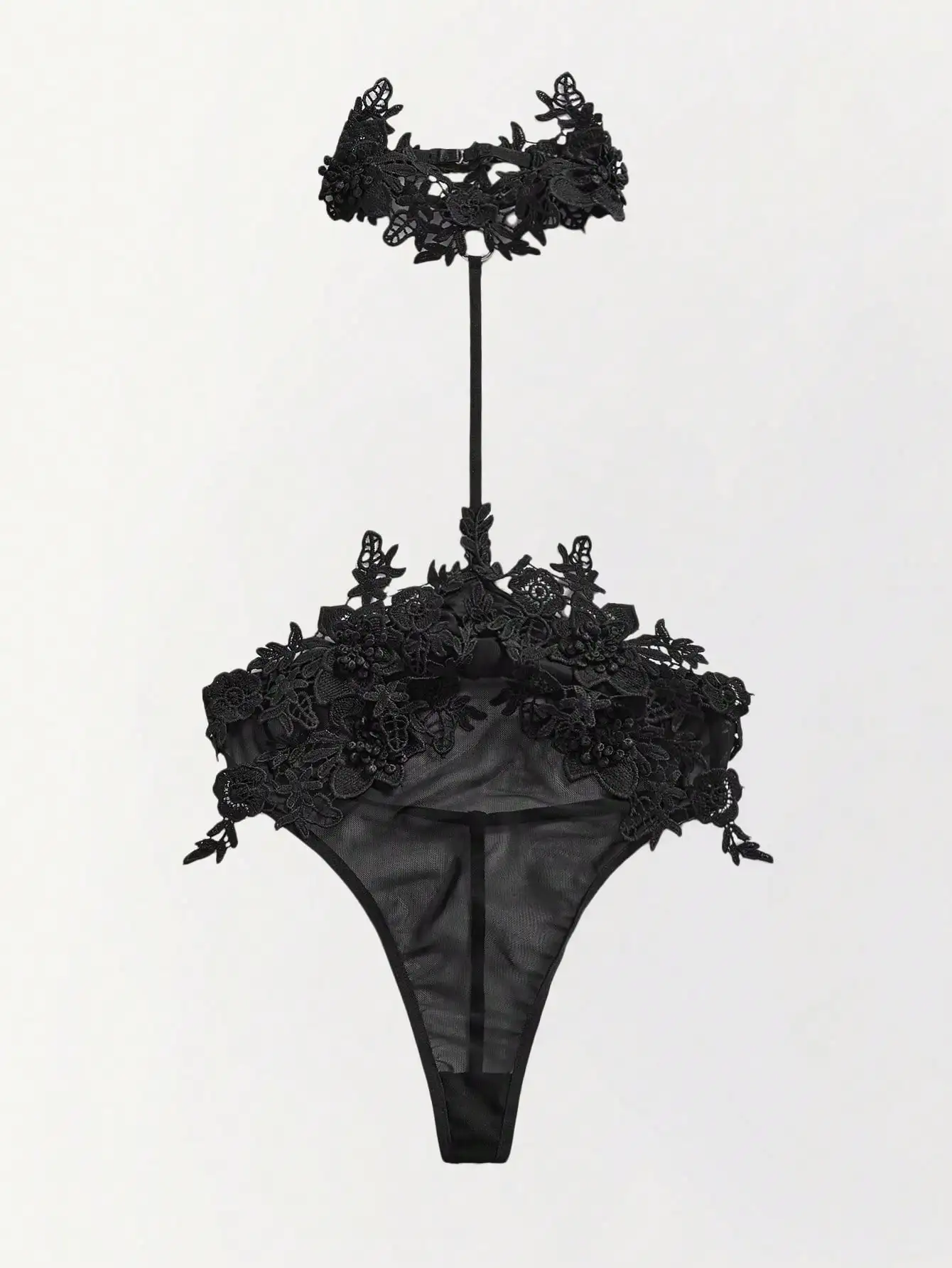 Black Floral Lace Halter Bodysuit with Sheer Mesh Panel
Black Floral Lace Halter Bodysuit with Sheer Mesh Panel