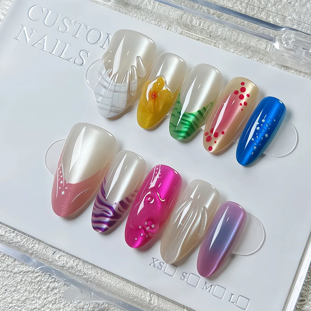 10pcs Summer Colorful Almond-Shaped Hand Press Nails with Handmade Shell Embossing Purely Dopamine Series for Women Beach Party
10pcs Summer Colorful Almond-Shaped Hand Press Nails with Handmade Shell Embossing Purely Dopamine Series for Women Beach Party