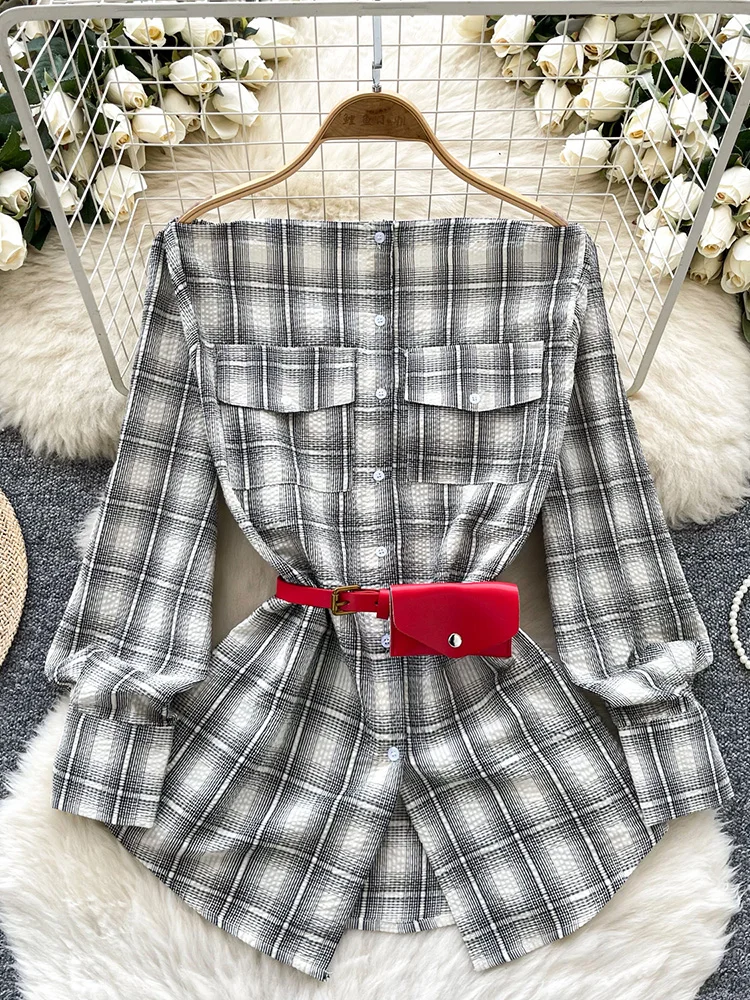 Women Spring Shirt Korean Design Style One Shoulder Long Sleeved Commute Cinched Waist Buckle Split Checkered Pattern DS092
Women Spring Shirt Korean Design Style One Shoulder Long Sleeved Commute Cinched Waist Buckle Split Checkered Pattern DS092