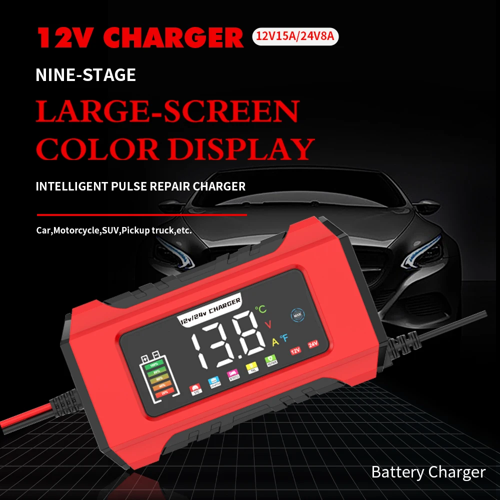 12V 24V 15A 8A Battery Charger Smart Fast Charging for Car Batteries 9-Stage Charge Pulse Repair for AGM GEL Lifepo4 Lead Acid
12V 24V 15A 8A Battery Charger Smart Fast Charging for Car Batteries 9-Stage Charge Pulse Repair for AGM GEL Lifepo4 Lead Acid