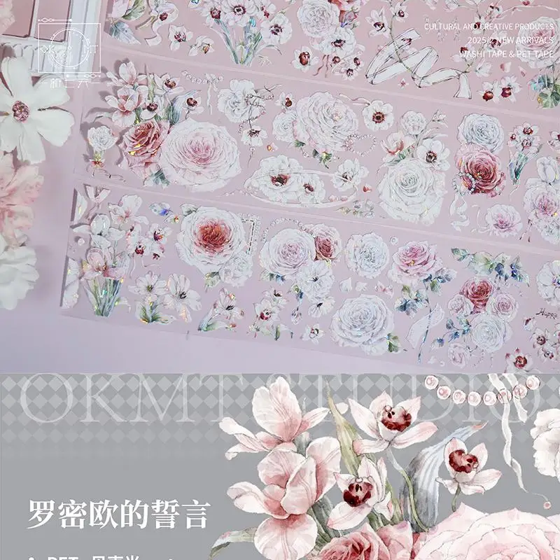 OKMT PET Stickers and Washi Tape featuring Morning Dew Lilies and Moonlight Dew Drops Floral Designs.
OKMT PET Stickers and Washi Tape featuring Morning Dew Lilies and Moonlight Dew Drops Floral Designs.
