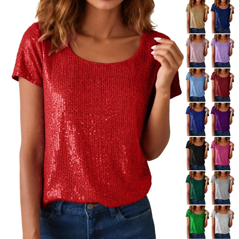 Women Sequin Tops Short Sleeve Sparkly Glitter Tee Shirts Female Round Neck T Shirt Sexy Party Clubwear T-Shirts Lady Clothes
Women Sequin Tops Short Sleeve Sparkly Glitter Tee Shirts Female Round Neck T Shirt Sexy Party Clubwear T-Shirts Lady Clothes