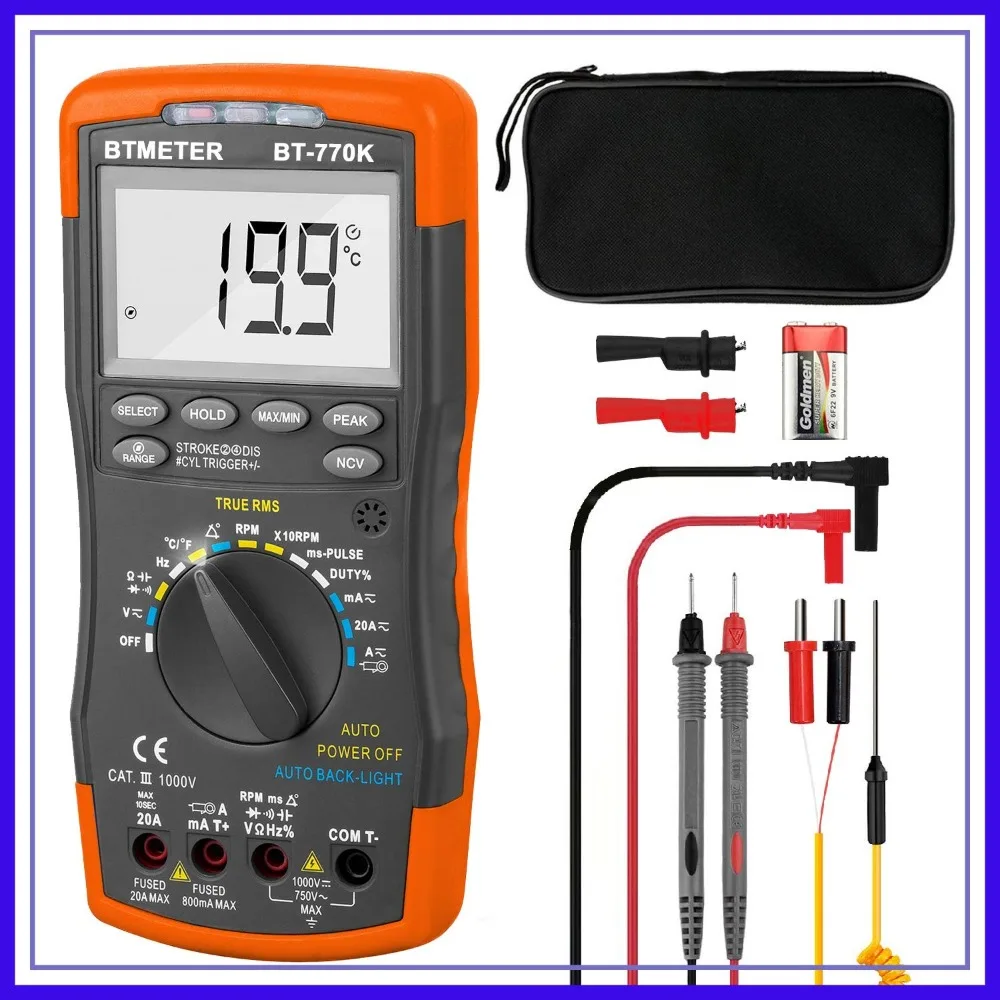 Auto Ranging Automotive Multimeter with Dwell Angle, Pulse Width, Tach, Temp, Voltage, Current, Resistance
Auto Ranging Automotive Multimeter with Dwell Angle, Pulse Width, Tach, Temp, Voltage, Current, Resistance