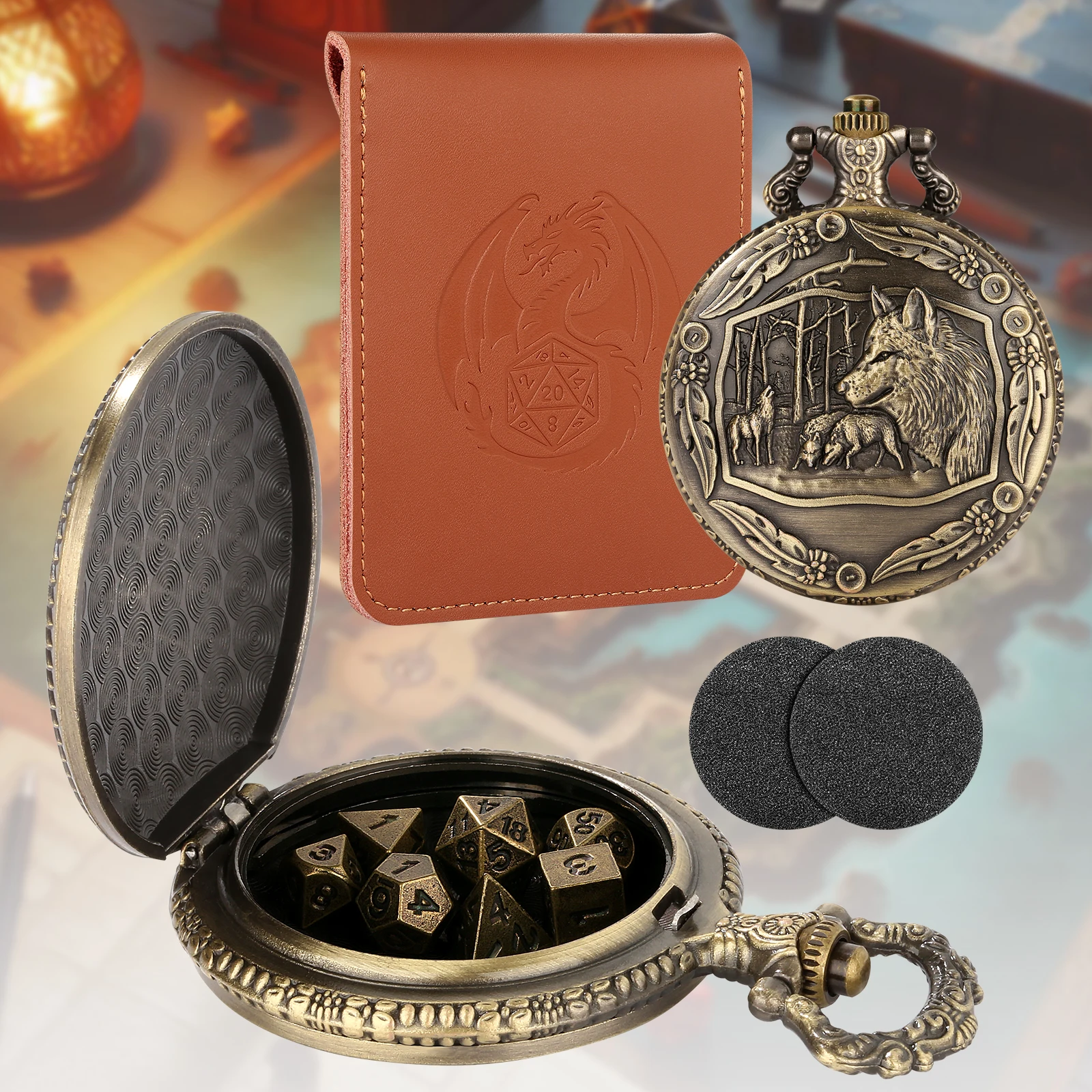 Vintage Wolf Embossed Pocket Watch Case with 7Pcs/set Metal Polyhedral Dice for Dungeons Rpg Tabletop Role-Playing Games
Vintage Wolf Embossed Pocket Watch Case with 7Pcs/set Metal Polyhedral Dice for Dungeons Rpg Tabletop Role-Playing Games
