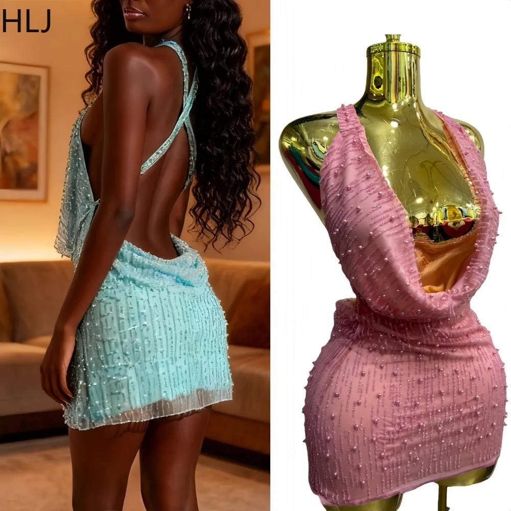 HLJ Sexy Pearls Patchwork Bodycon Mini Dresses Women Halter Deep V-neck Sleeveless Backless Female Party Clubwear Vestidos New
HLJ Sexy Pearls Patchwork Bodycon Mini Dresses Women Halter Deep V-neck Sleeveless Backless Female Party Clubwear Vestidos New