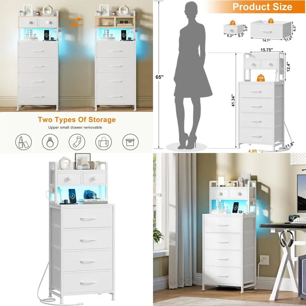 41 White LED Nightstand with Charging, 6-Drawer Fabric Storage & 3-Tier Wood Shelves
41 White LED Nightstand with Charging, 6-Drawer Fabric Storage & 3-Tier Wood Shelves