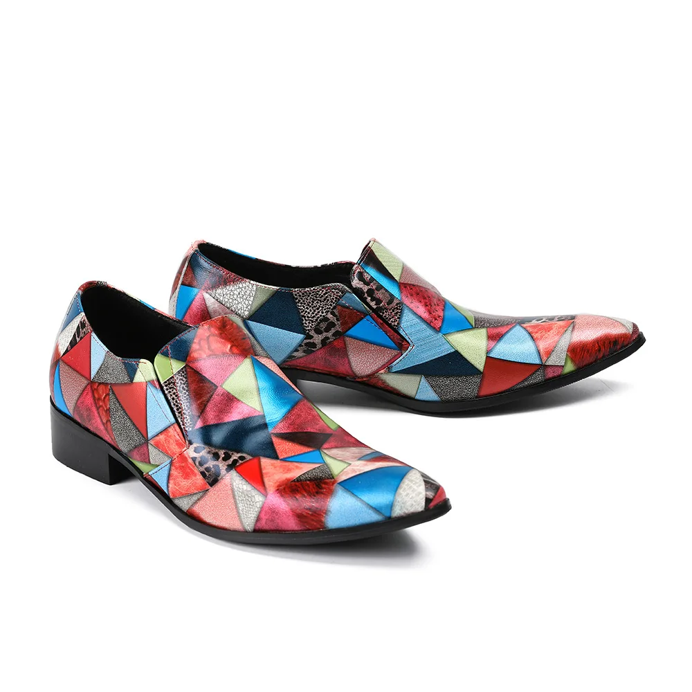 Fashion Mixed Color Geometry Prints Shallow Loafers for Men Business Formal Dress Loafers Pointed Toe Chunky Heel Derby Shoes
Fashion Mixed Color Geometry Prints Shallow Loafers for Men Business Formal Dress Loafers Pointed Toe Chunky Heel Derby Shoes