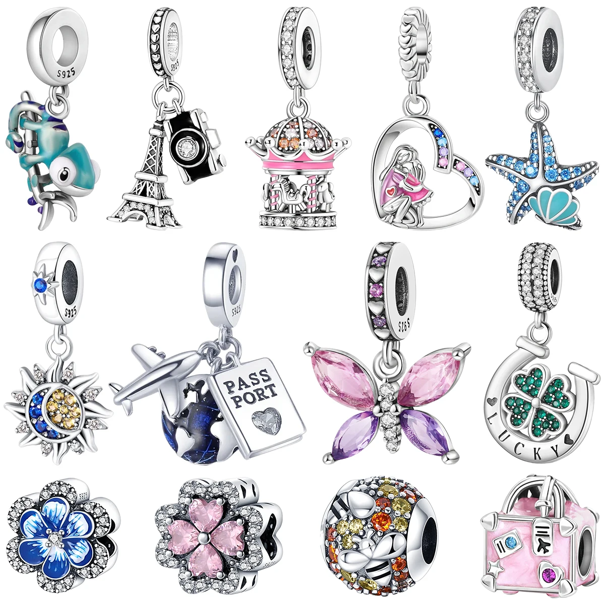 925 Silver Travel Globe Tower Lucky Horseshoe Chameleon Starfish Charms Suitcase Floral Pave Butterfly Beads Pendant Collection
925 Silver Travel Globe Tower Lucky Horseshoe Chameleon Starfish Charms Suitcase Floral Pave Butterfly Beads Pendant Collection