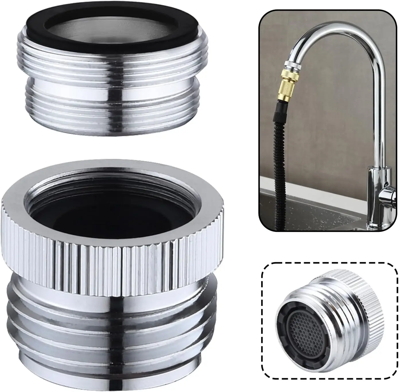 Faucet to Garden Hose Adapter with Aerator, 3/4" GHT Chrome, for Kitchen/Bathroom
Faucet to Garden Hose Adapter with Aerator, 3/4" GHT Chrome, for Kitchen/Bathroom