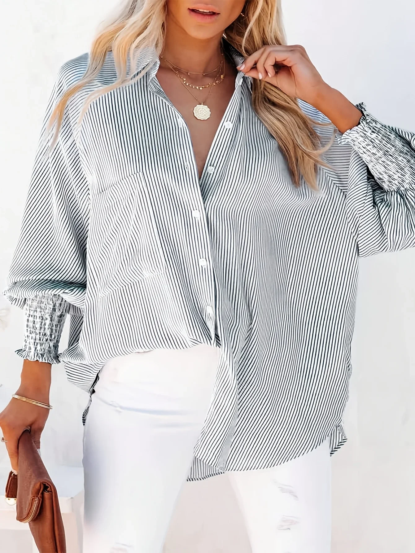 Plus Size 1XL-5XL Women's Casual Striped Breathable Long Sleeve Blouse Shirt Ladies Fashion V-neck Button-down Loose Shirt Top
Plus Size 1XL-5XL Women's Casual Striped Breathable Long Sleeve Blouse Shirt Ladies Fashion V-neck Button-down Loose Shirt Top