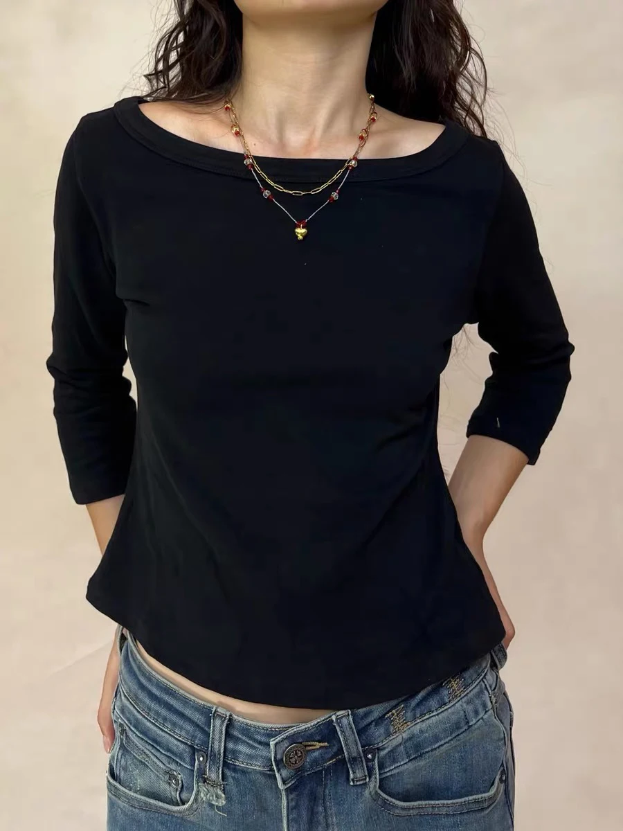 Solid Basic Slim Three Quarter Sleeve T-shirts Woman Spring Sexy Slash Neck Cotton Crop Top Vintage Simple Casual Tees 2026 New
Solid Basic Slim Three Quarter Sleeve T-shirts Woman Spring Sexy Slash Neck Cotton Crop Top Vintage Simple Casual Tees 2026 New