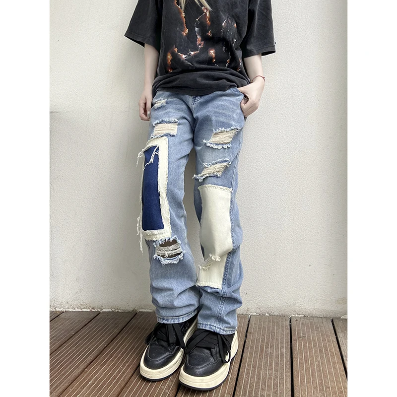 Мужские джинсы свободного кроя с рваными элементами и пэчворком, прямые штанины, высокая талия, застежка-молния, повседневная одежда, прочный деним
Мужские джинсы свободного кроя с рваными элементами и пэчворком, прямые штанины, высокая талия, застежка-молния, повседневная одежда, прочный деним