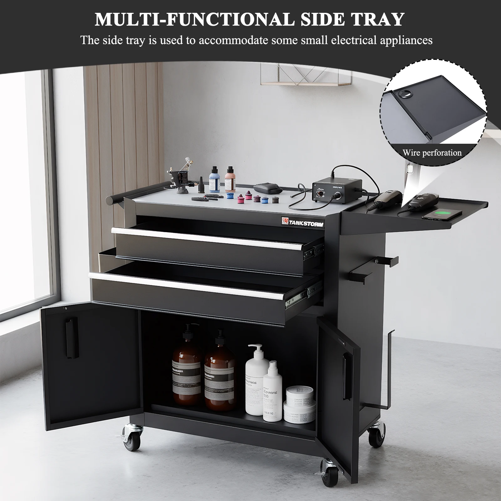 Black Steel Cabinet Trolley with Drawers Professional Rolling Tattoo Cart Waterproof Hairdressing Beauty Versatile Equipment
Black Steel Cabinet Trolley with Drawers Professional Rolling Tattoo Cart Waterproof Hairdressing Beauty Versatile Equipment