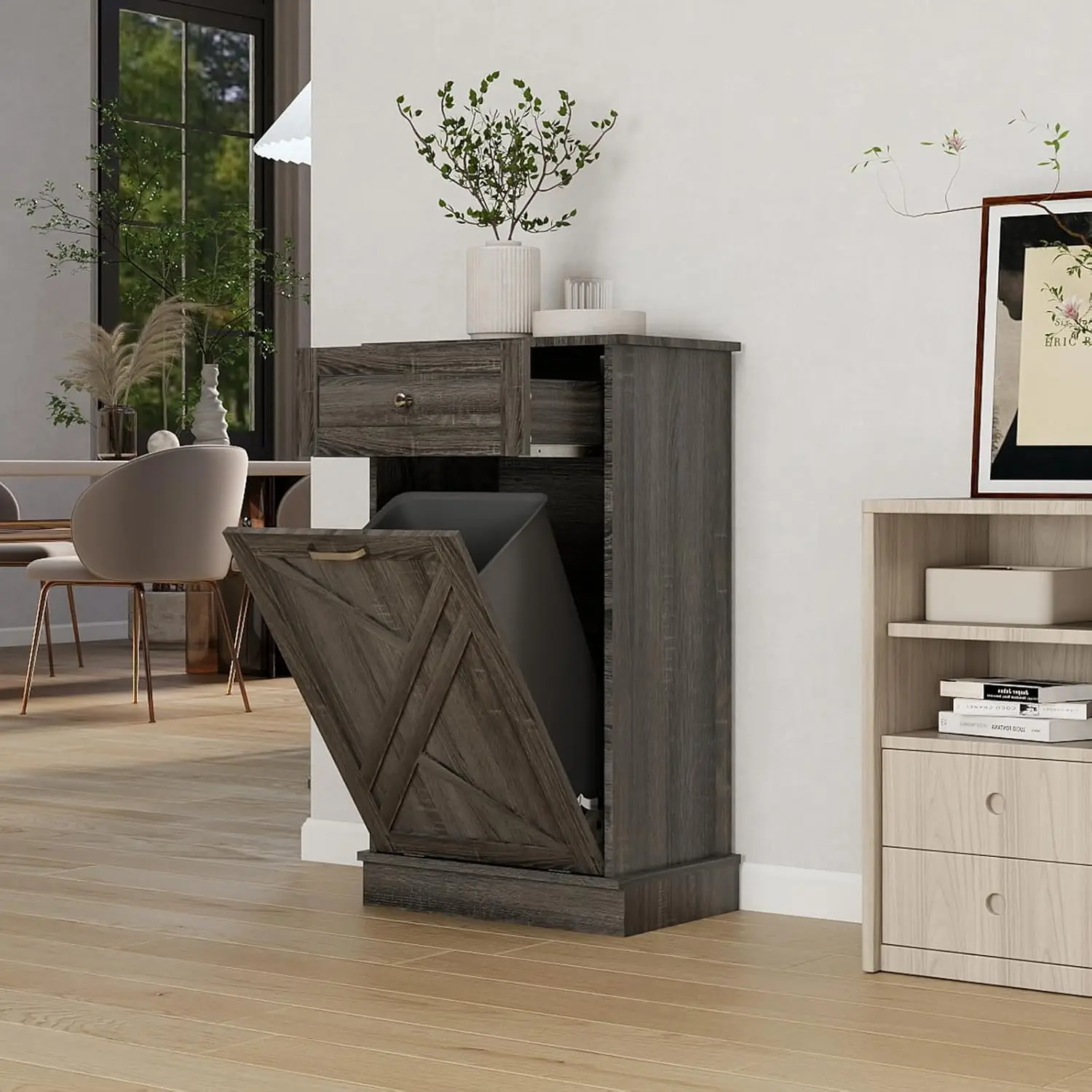 Tilt Out Trash Cabinet-Free Standing Kitchen Waste Bin-Wooden Recycling Trash Cabinet with Drawer-Oak Grey
Tilt Out Trash Cabinet-Free Standing Kitchen Waste Bin-Wooden Recycling Trash Cabinet with Drawer-Oak Grey