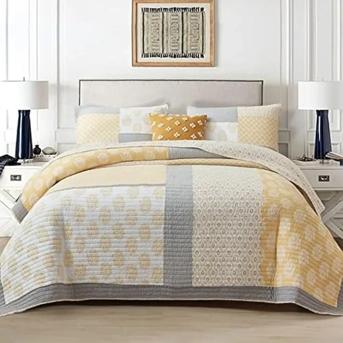 100% Cotton Lightweight Queen Quilt Set, Yellow Grey White Reversible Soft Queen Quilt Bedding Set All Season, 3 Pieces
100% Cotton Lightweight Queen Quilt Set, Yellow Grey White Reversible Soft Queen Quilt Bedding Set All Season, 3 Pieces