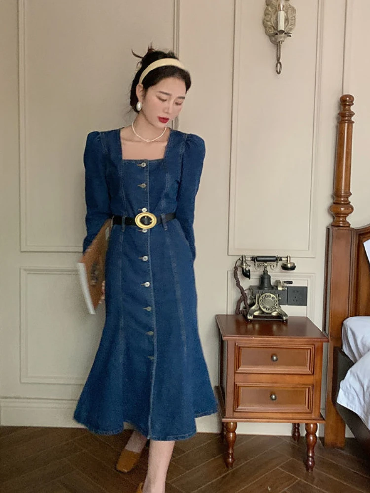 HOUZHOU Vintage Denim Dress Elegant Belt Square Collar Long Sleeve Dresses Women Autumn Chic Korean Fashion Streetwear
HOUZHOU Vintage Denim Dress Elegant Belt Square Collar Long Sleeve Dresses Women Autumn Chic Korean Fashion Streetwear