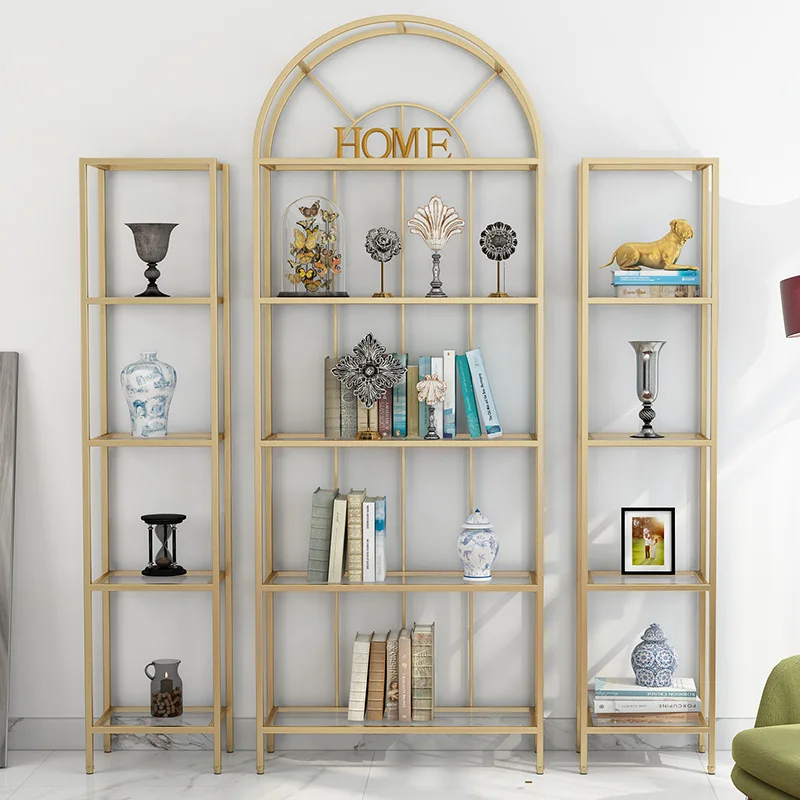 Nordic living room golden wrought iron bookshelf shelves tempered glass display creative floor to ceiling partition
Nordic living room golden wrought iron bookshelf shelves tempered glass display creative floor to ceiling partition