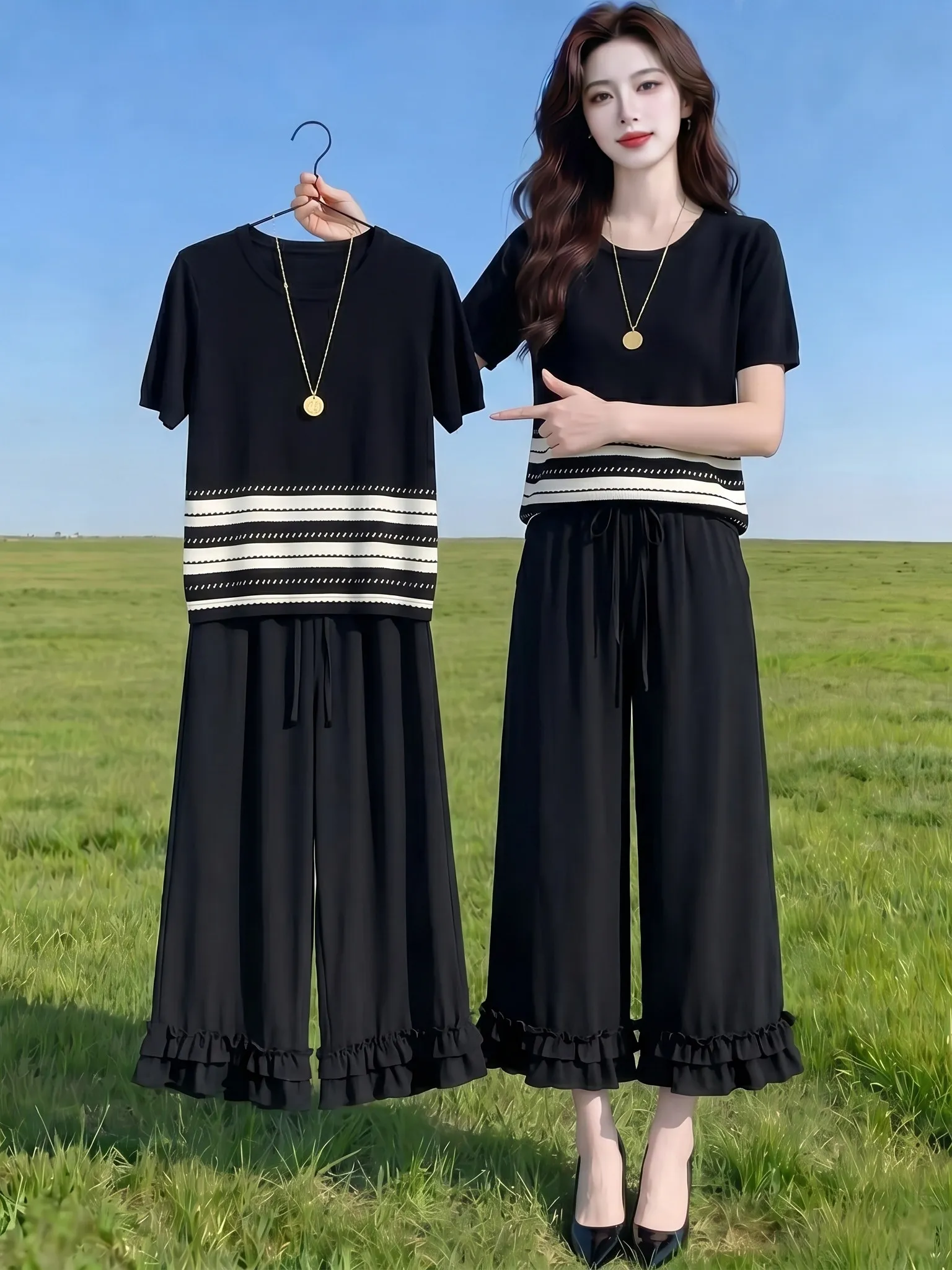 Fashionable Summer 2026 Two-Piece Set Elegant Short Sleeve Wide Leg Pants Breathable Comfortable High Waist round Neck T-Shirt
Fashionable Summer 2026 Two-Piece Set Elegant Short Sleeve Wide Leg Pants Breathable Comfortable High Waist round Neck T-Shirt