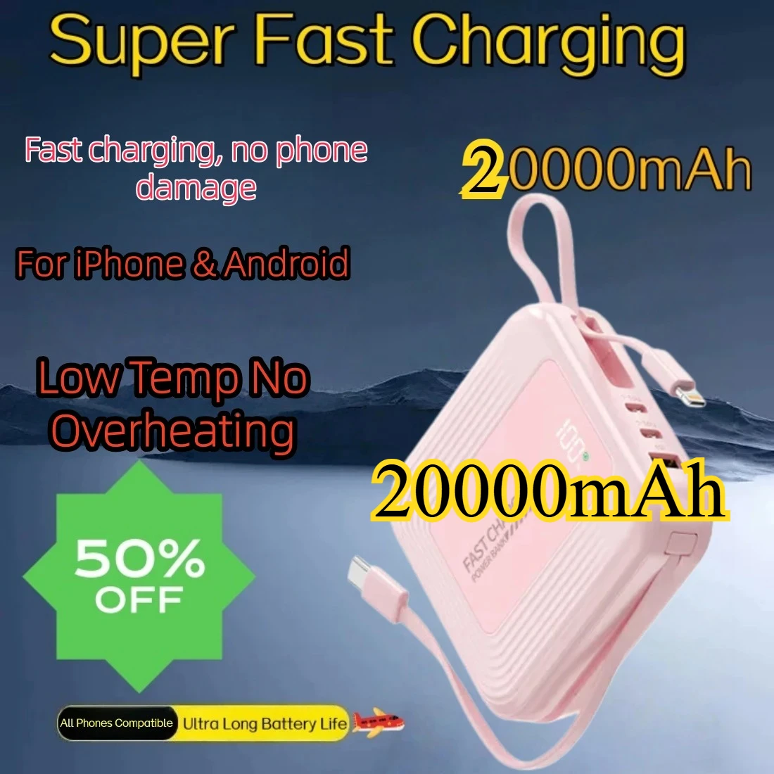Mini 20000mAh Power Bank with Built‑in Cable Can be taken on the plane Fast charging, no phone damage Flight-Friendly
Mini 20000mAh Power Bank with Built‑in Cable Can be taken on the plane Fast charging, no phone damage Flight-Friendly