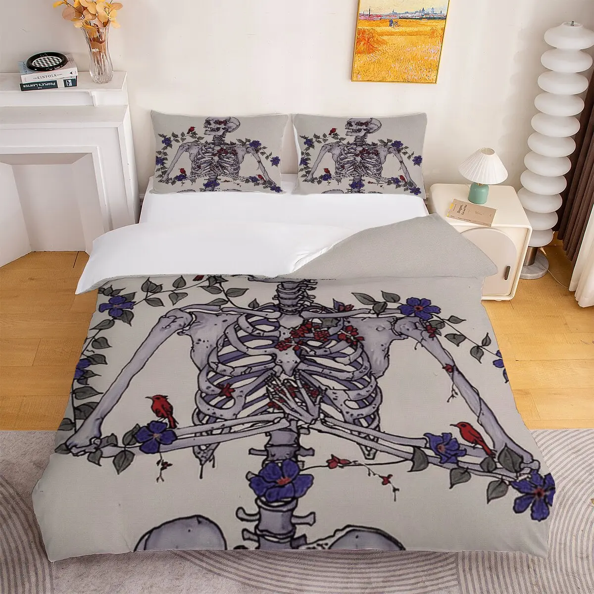 Human skeleton duvet cover Skeleton and blue flowers Room decoration bedding set
Human skeleton duvet cover Skeleton and blue flowers Room decoration bedding set