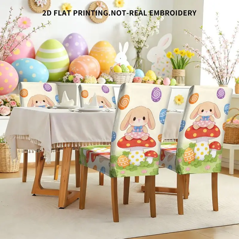 Набор обеденных стульев с плоским принтом и растягивающейся тканью, в мультяшном стиле, с изображением коричневого кролика, гриба и красочного пасхального яйца.
Набор обеденных стульев с плоским принтом и растягивающейся тканью, в мультяшном стиле, с изображением коричневого кролика, гриба и красочного пасхального яйца.