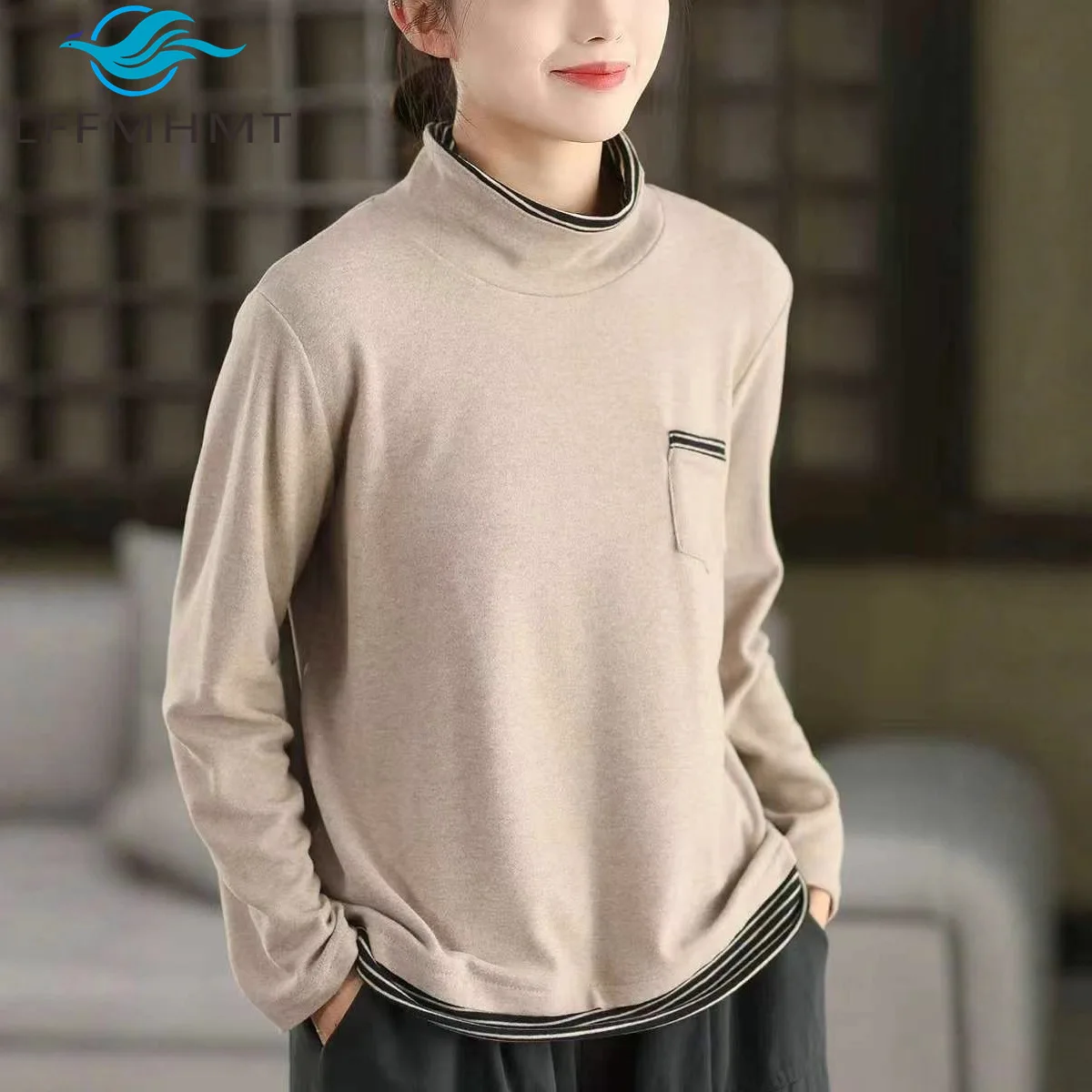 Зимняя женская футболка свободного кроя в стиле ретро с длинными рукавами и высоким воротником из смеси кашемира, базовый слой, топ с контрастными полосками, искусственный комплект из двух частей
Зимняя женская футболка свободного кроя в стиле ретро с длинными рукавами и высоким воротником из смеси кашемира, базовый слой, топ с контрастными полосками, искусственный комплект из двух частей