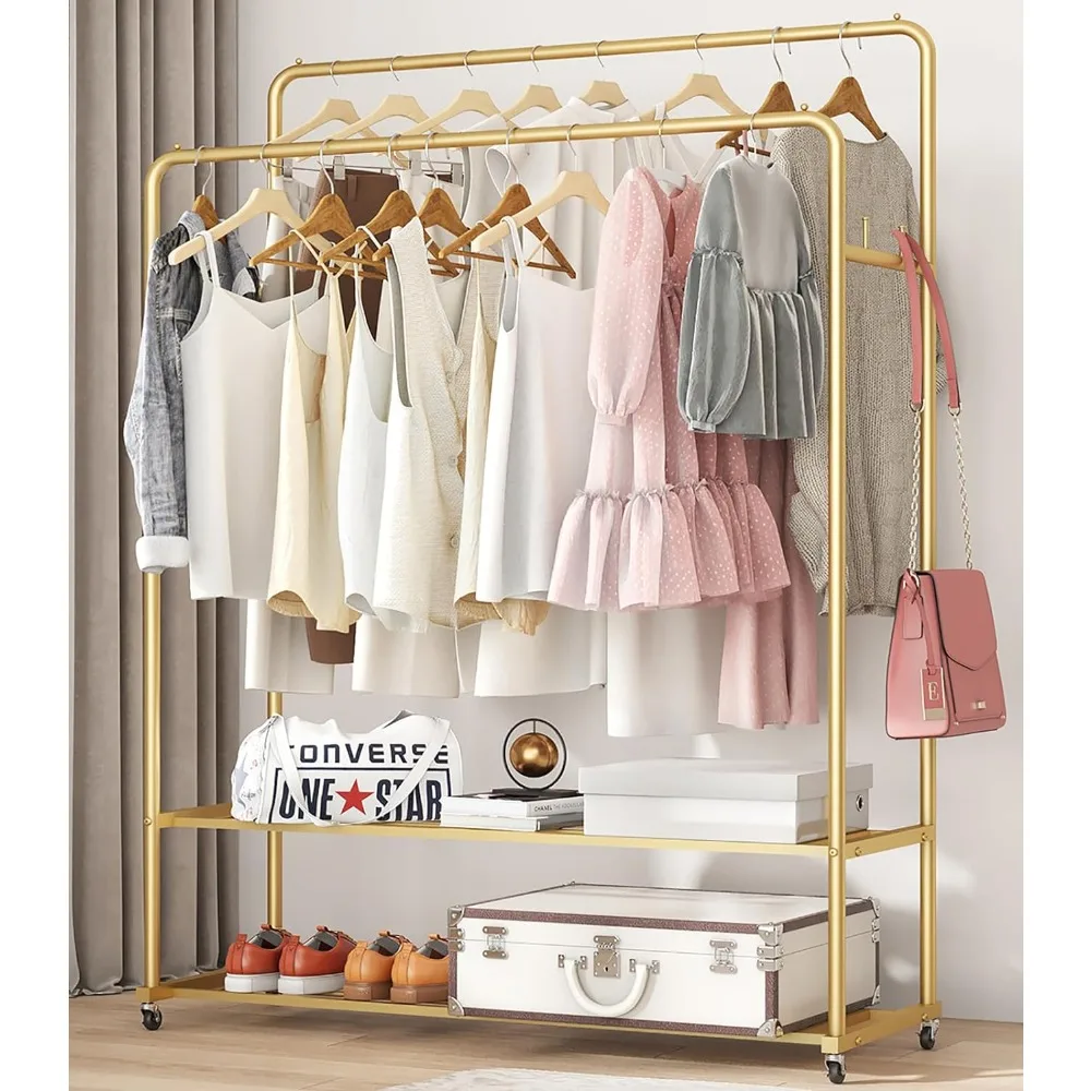 Double Rod Rolling Gold Clothing Garment Rack, Metal Standing Display Hanging Rack, Multi-Functional Clothing Organizer Rack
Double Rod Rolling Gold Clothing Garment Rack, Metal Standing Display Hanging Rack, Multi-Functional Clothing Organizer Rack