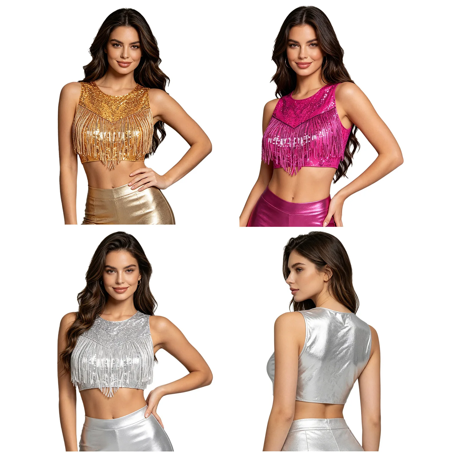 Women Disco Jazz Dance Costume Metallic Shiny Sequin Tassel Crop Tank Top Nightclub Rave Party Music Festival Carnival Vest
Women Disco Jazz Dance Costume Metallic Shiny Sequin Tassel Crop Tank Top Nightclub Rave Party Music Festival Carnival Vest