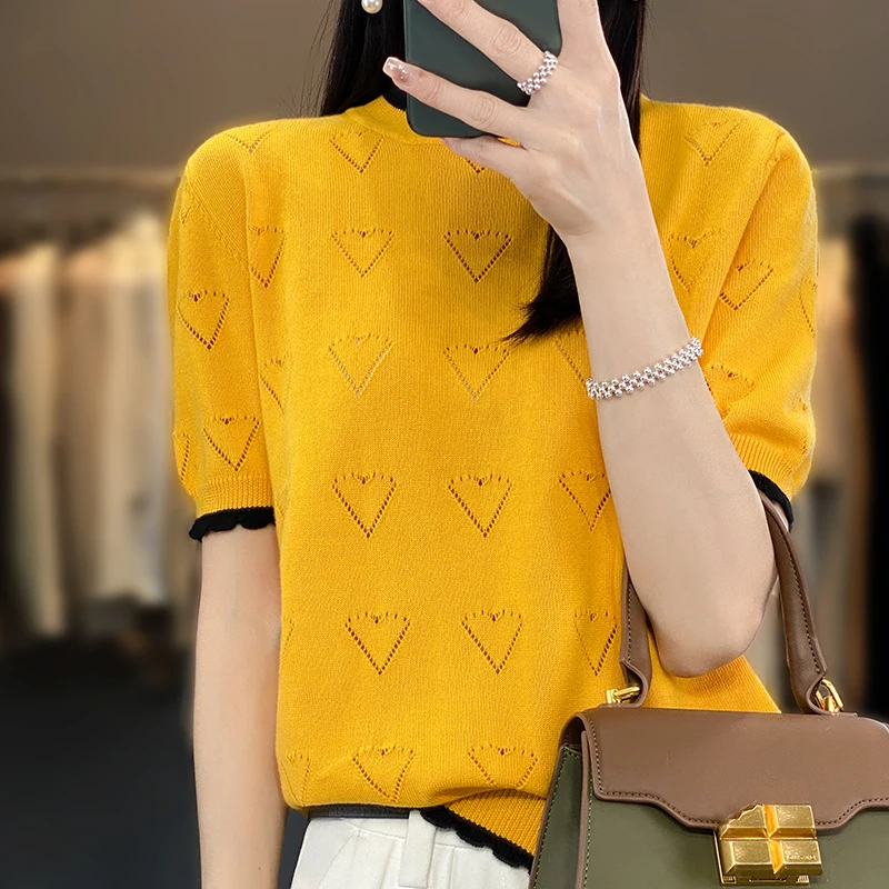 Summer new 100% cotton T-shirt women's O-neck pullover vest knitted hollow short sleeve casual loose contrast fashion top
Summer new 100% cotton T-shirt women's O-neck pullover vest knitted hollow short sleeve casual loose contrast fashion top