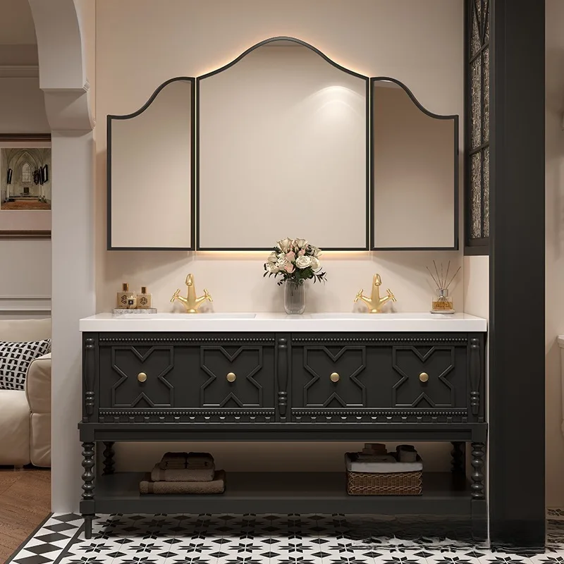 French retro floor-to-ceiling double basin bathroom cabinet combination rock slab seamless integrated basin toilet washbasin
French retro floor-to-ceiling double basin bathroom cabinet combination rock slab seamless integrated basin toilet washbasin