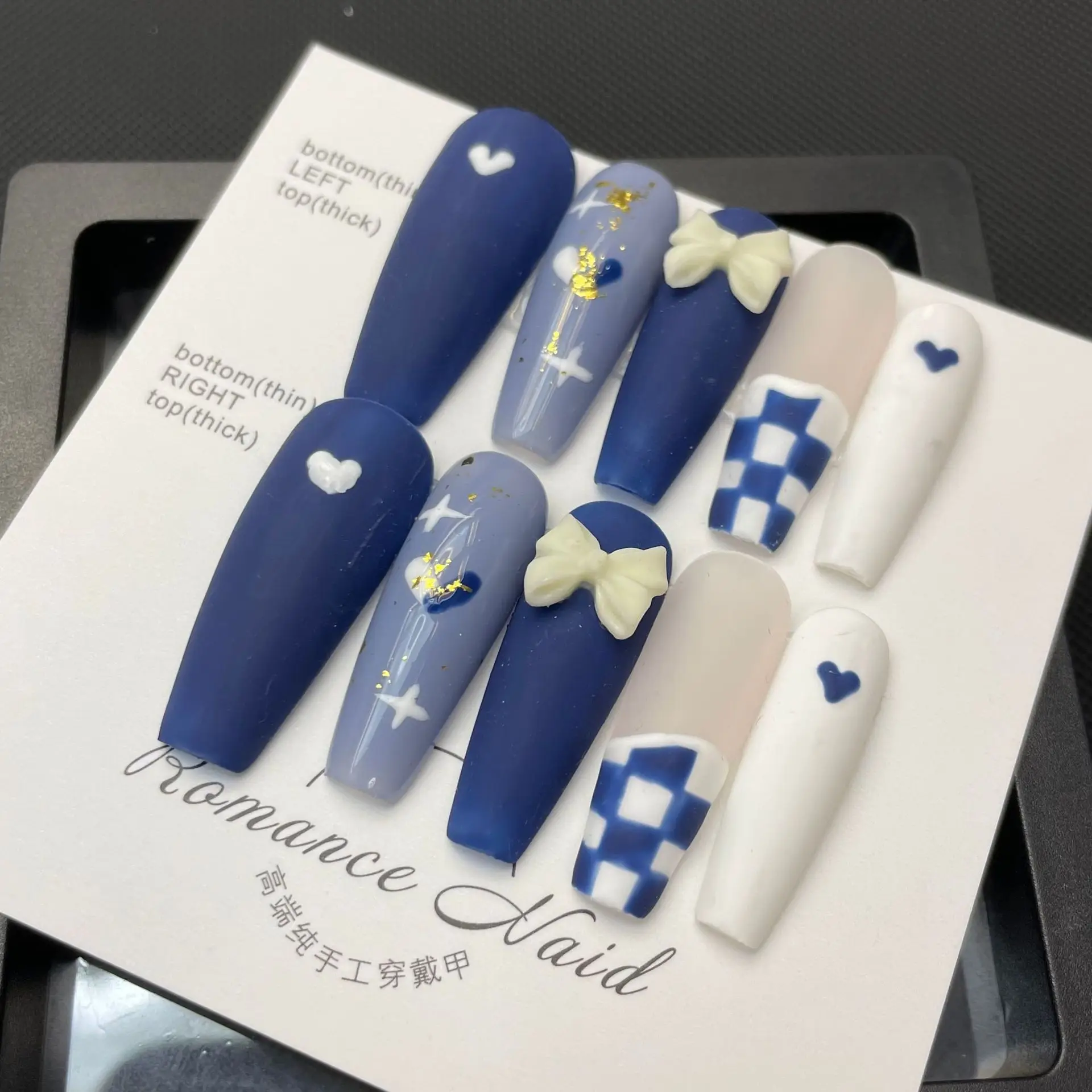 10 pcs Luxury Handmade Press on Nails Long Ballet Blue chessboard Design False Nails with 4-PIECE Tool Adhesive Nail Glue Tabs
10 pcs Luxury Handmade Press on Nails Long Ballet Blue chessboard Design False Nails with 4-PIECE Tool Adhesive Nail Glue Tabs