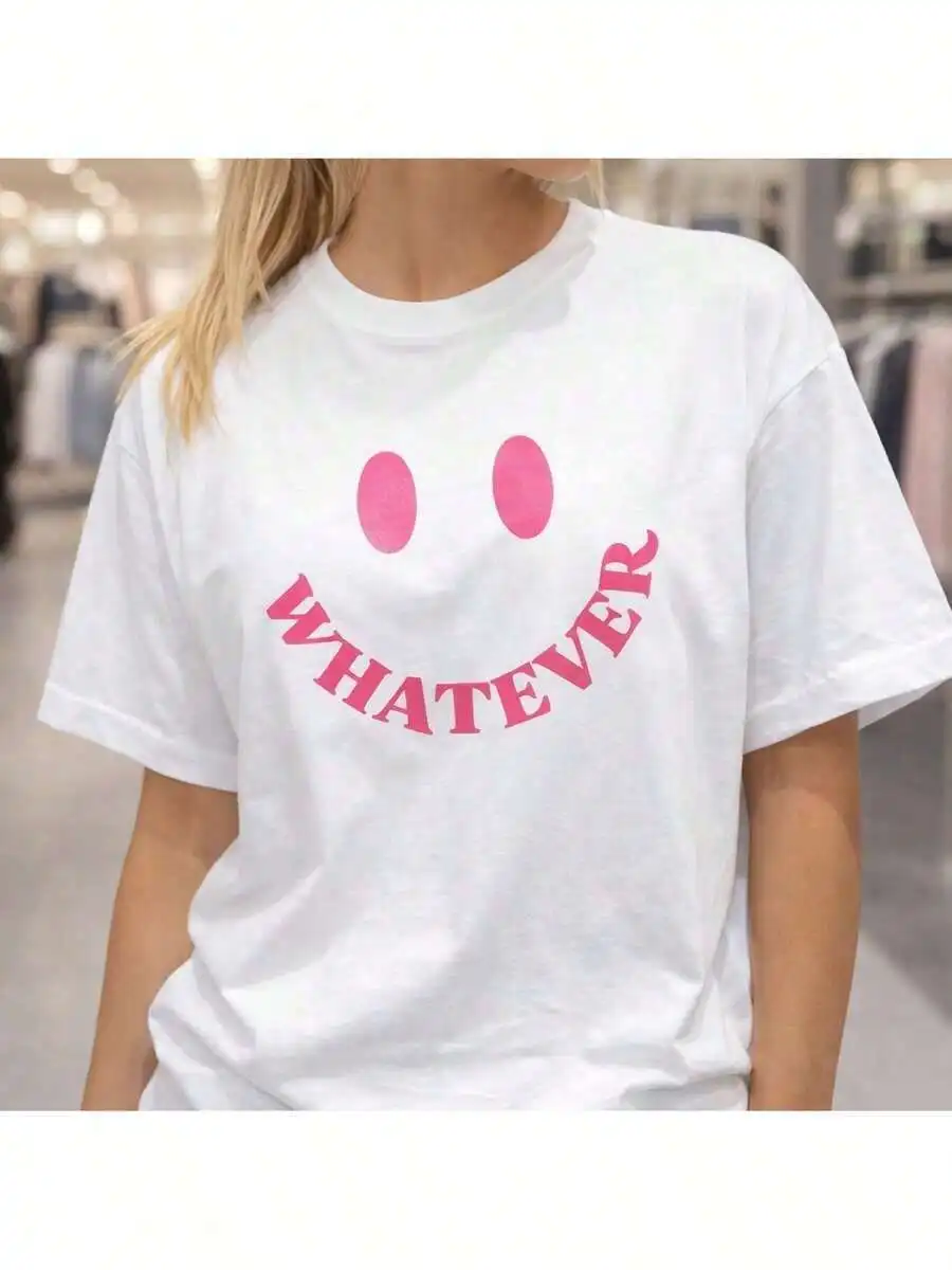 Womens White Round Neck Loose Fit T-Shirt With Pink Smile Face Print Casual Tee
Womens White Round Neck Loose Fit T-Shirt With Pink Smile Face Print Casual Tee