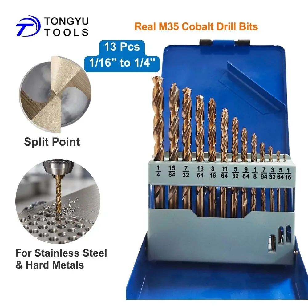 13Pcs M35 Cobalt Drill Bit Set 1/16-1/4in SAE Fractional HSS Co5% Jobber Twist Bits for Stainless Steel Hard Metal
13Pcs M35 Cobalt Drill Bit Set 1/16-1/4in SAE Fractional HSS Co5% Jobber Twist Bits for Stainless Steel Hard Metal
