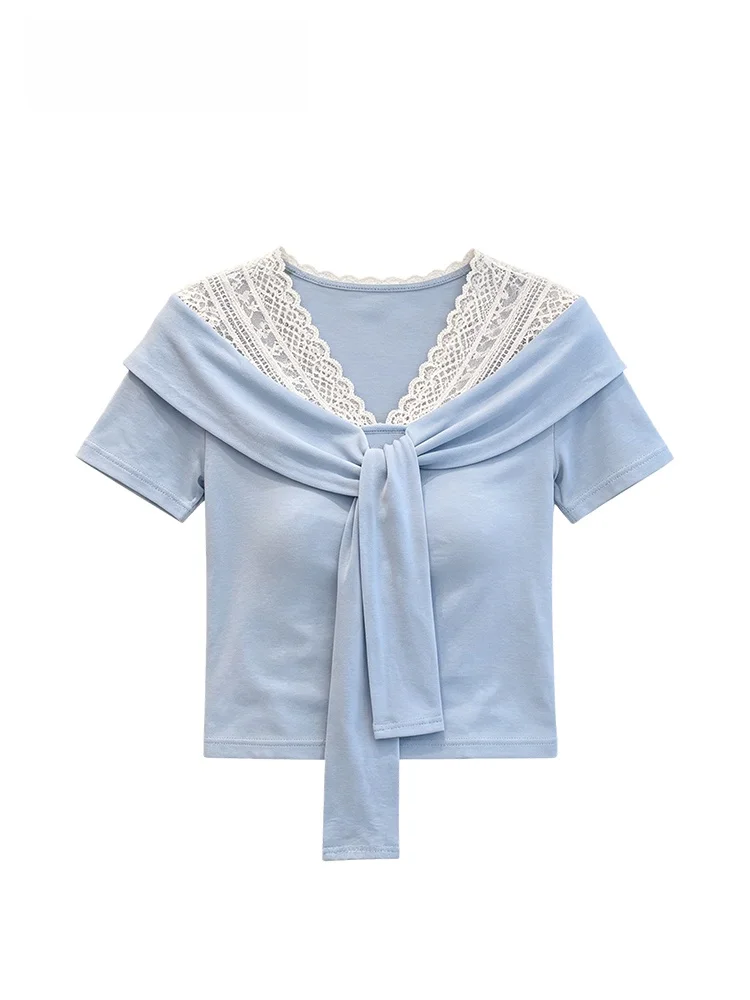 Korean Style plus Size Women's T-Shirt Short Sleeve Lace Splicing Summer Fashionable Top V-Neck Regular Length Polyester Fiber
Korean Style plus Size Women's T-Shirt Short Sleeve Lace Splicing Summer Fashionable Top V-Neck Regular Length Polyester Fiber