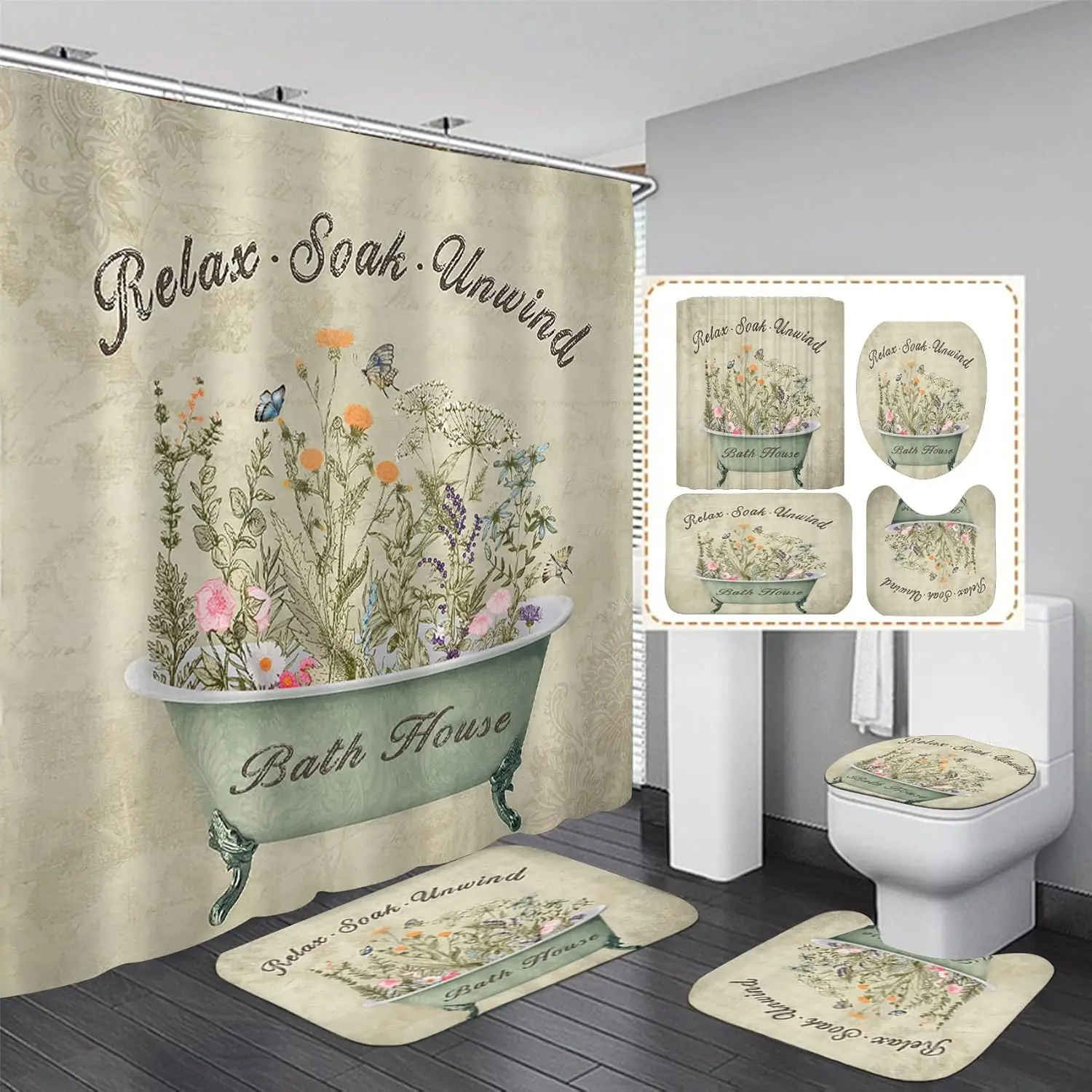 4Pcs Green Floral Shower Curtain Set, Vintage Flower Leaf Bathroom Decor with Rugs, Toilet Lid Cover, Rustic Farmhouse Style
4Pcs Green Floral Shower Curtain Set, Vintage Flower Leaf Bathroom Decor with Rugs, Toilet Lid Cover, Rustic Farmhouse Style