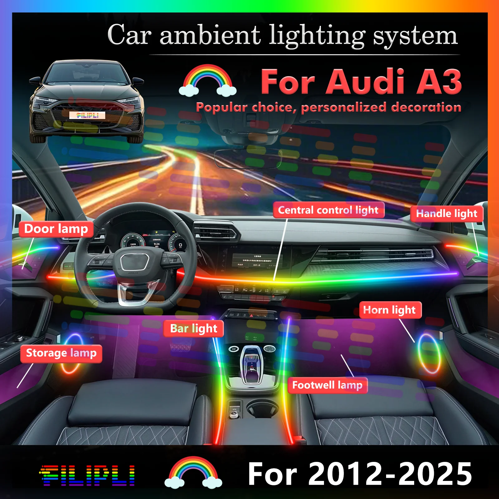 For Audi A3 Car Interior Multi-color LED Ambient Light, Smart Control Decorative Lamp
For Audi A3 Car Interior Multi-color LED Ambient Light, Smart Control Decorative Lamp
