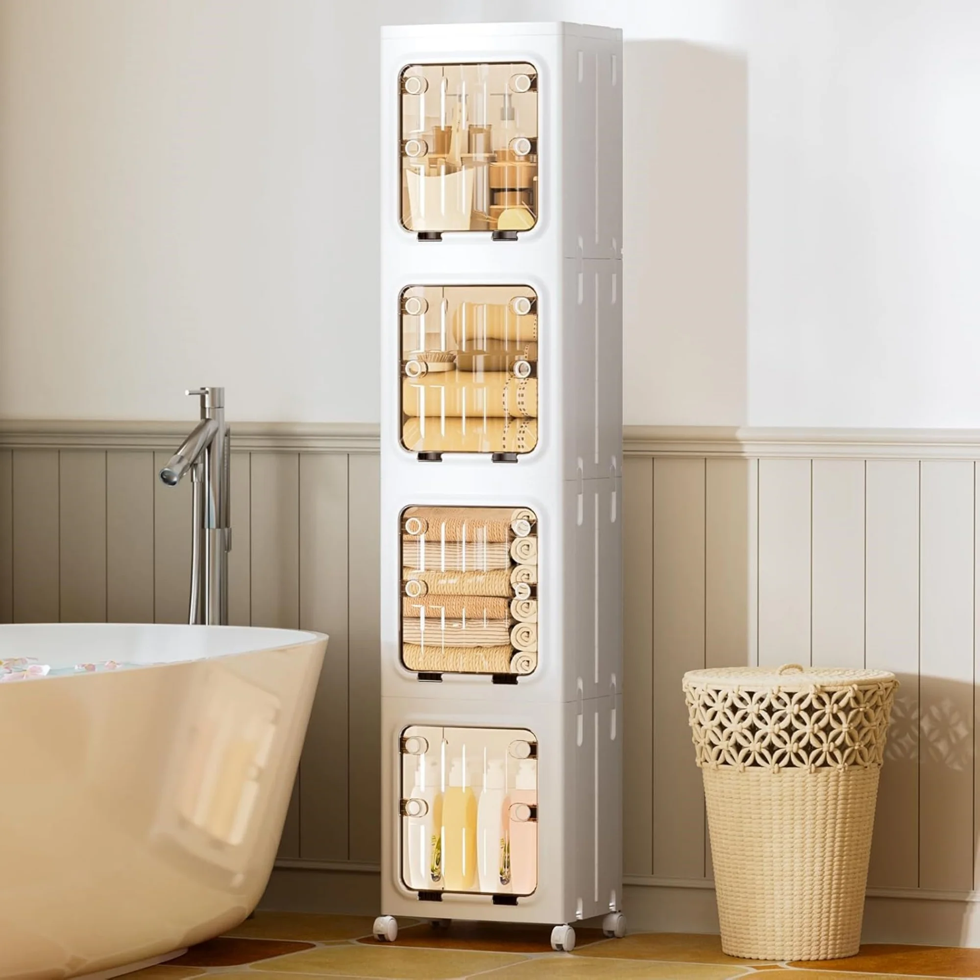 195 Qt Narrow Bathroom Storage Cabinet, 4-Tier Slim Tall Cabinet Organizer with Wheels, Foldable Plastic Storage Bin for Small Spaces, White
195 Qt Narrow Bathroom Storage Cabinet, 4-Tier Slim Tall Cabinet Organizer with Wheels, Foldable Plastic Storage Bin for Small Spaces, White