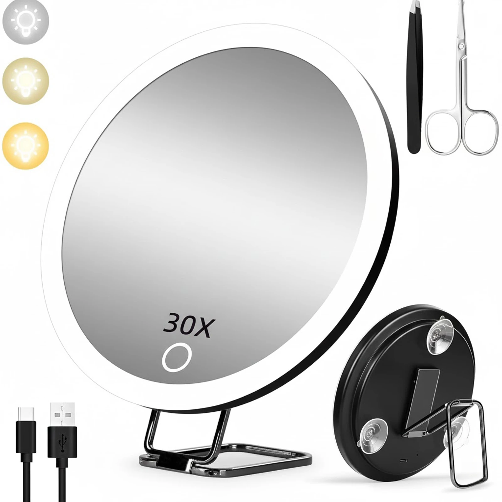 30x Magnifying Mirror 6 Inch Mirror with Light 30X Portable Travel Magnified Mirror with 360° Adjustable Stand and Suction Cup
30x Magnifying Mirror 6 Inch Mirror with Light 30X Portable Travel Magnified Mirror with 360° Adjustable Stand and Suction Cup